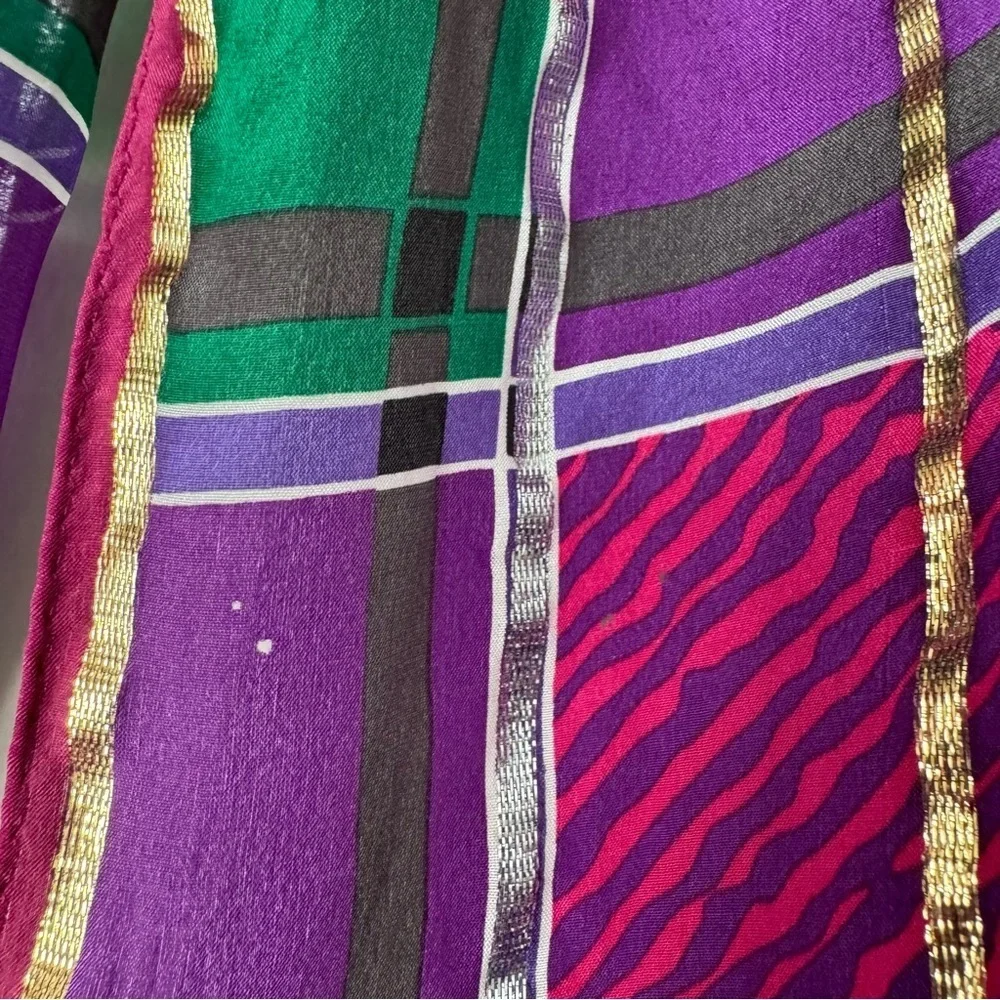 Oscar de la Renta vintage tartan colorful silk plaid metallic scarf 52x11